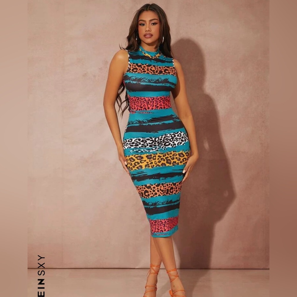 Leopard Print Mock Neck Cutout Back Dress